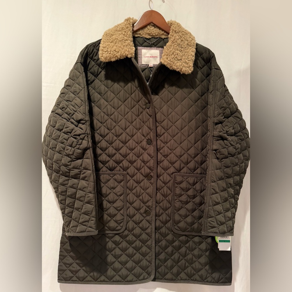 NWT Lucky Brand Women’s Quilted Barn Jacket with Faux Shearling Collar -Brown- L